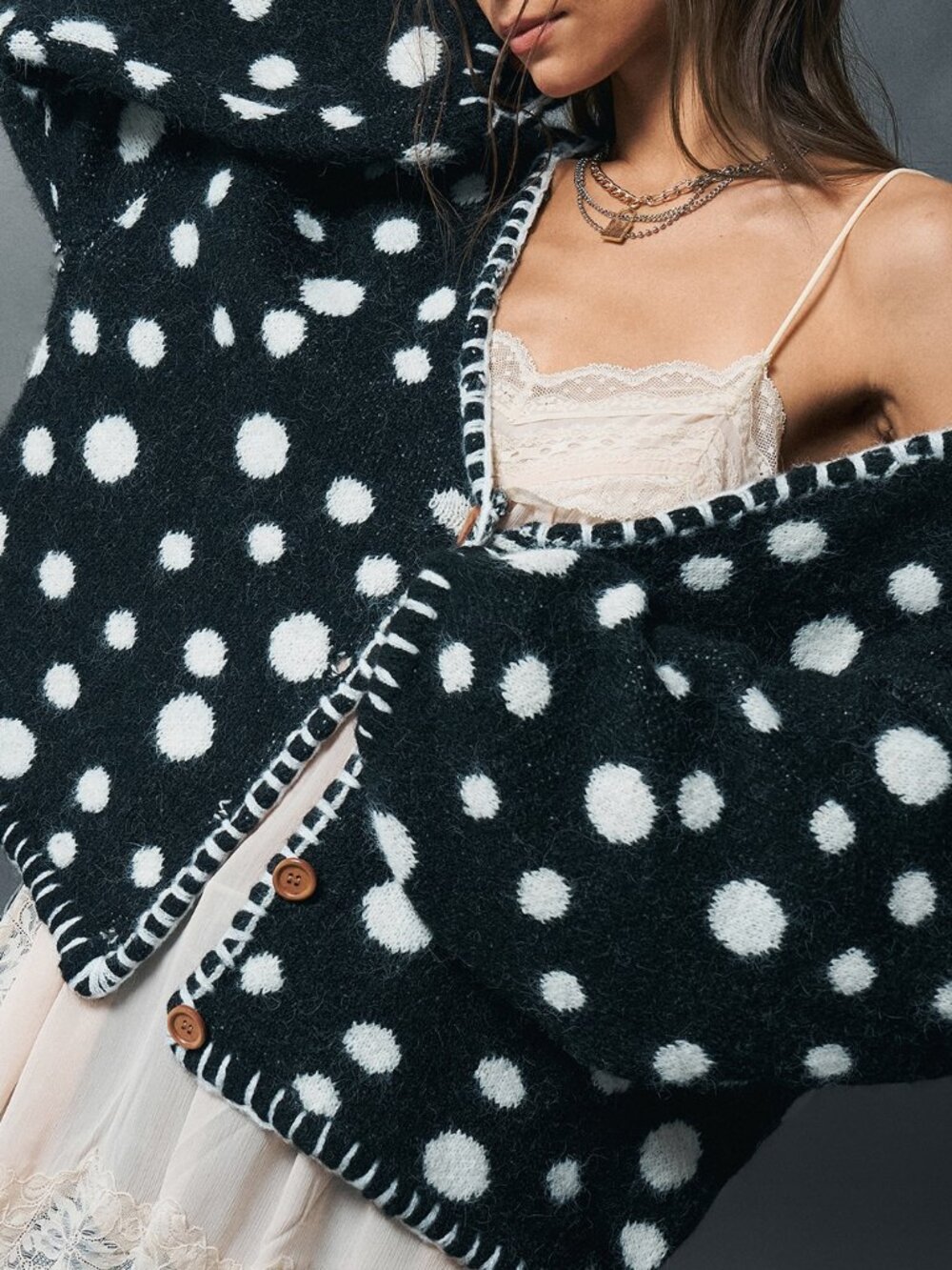 Black And White Casual Women's Jacquard Polka Dot Crochet Trim Knit Cardigan